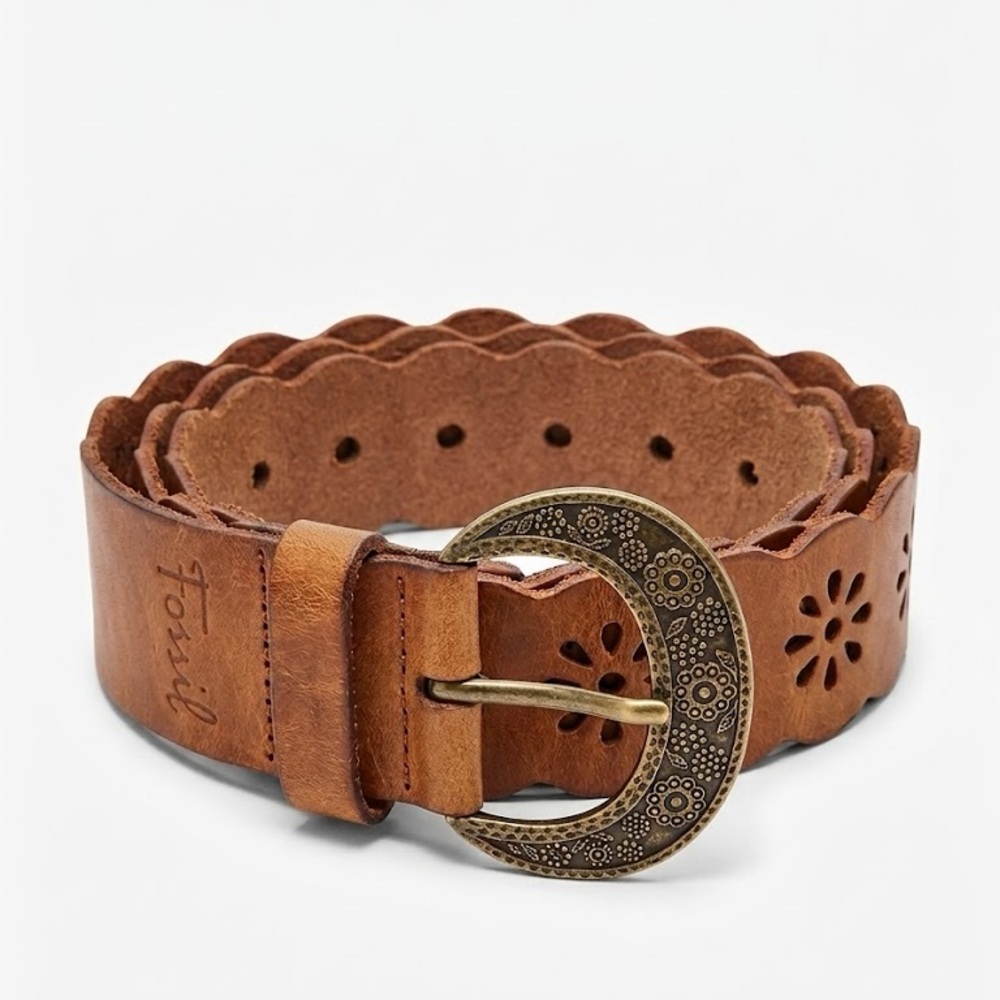 Fossil Patchwork Floral Station Leather Belt Perforated Small